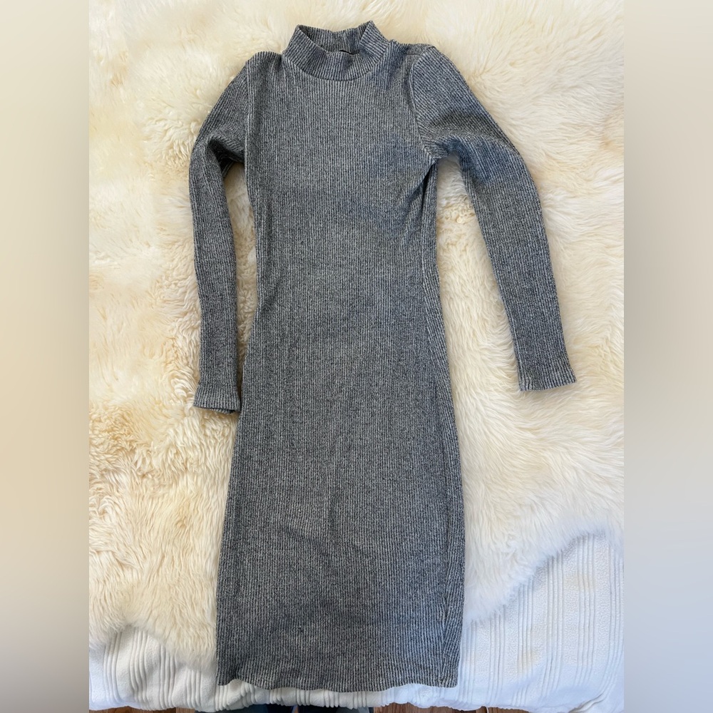 Lulu's Gray Ribbed Bodycon Dress Mock Neck Long Sleeve